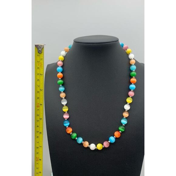 Vntg Glass Cats Eye Necklace Multicolor Pastel Beads Iridescent Collar Boho 18" - Picture 3 of 4